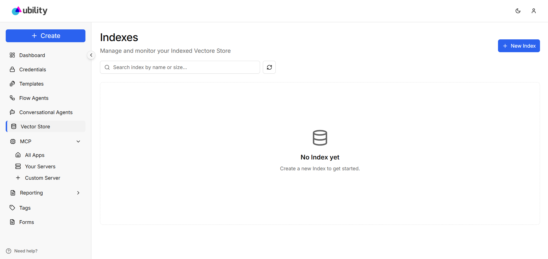 Vector Store dashboard create index